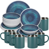 Melamin Geschirr Set Jesolo Blau für 6 Personen 24 Teile - mit Edelstahl Thermo Tassen Steingutoptik Spülmaschinengeeignet Essgeschirr Campingzubehör Campinggeschirr Wohnwagen Camping Festival Picknick