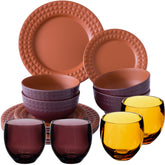 Melamin Geschirrset für 4 Personen - 16 Teile elegante Steingut Optik in Terracotta-Rot - mit buntem Trinkglas 400ml - Campinggeschirr Geschirrset Tafelgeschirr Spülmaschinengeeignet Outdoor Camping
