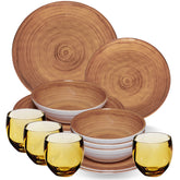 Melamin Geschirr Set Bambi Braun für 4 Personen - 16 Teile mit farblich passenden Trinkgläsern 400 ml aus Acryl Steingutoptik Campinggeschirr