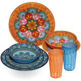 Melamin Geschirr Set Toskana Pastel für 2 Personen - 8 Teile - Orange-Blau - Mandala-Optik mit farblich passenden Trinkgläsern 630 ml aus Acryl Campinggeschirr
