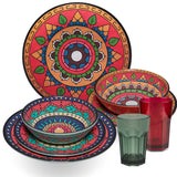 Melamin Geschirr Set Toskana Deep für 2 Personen - 8 Teile - Rot-Grün - Mandala-Optik mit farblich passenden Trinkgläsern 400 ml Campinggeschirr