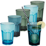 Melamin Geschirr Set Adria Blue für 6 Personen - 24 Teile Blau - mit farblich passenden Trinkgläsern 400 ml aus Acryl Steingutoptik Campinggeschirr