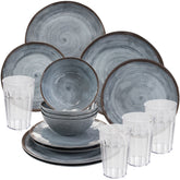 Melamin Geschirrset für 4 Personen - 16 Teile - mit Trinkgläsern klar 630 ml Campinggeschirr grau Essgeschirr Campinggeschirr