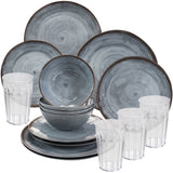 Melamin Geschirrset für 4 Personen - 16 Teile - mit Trinkgläsern klar 630 ml Campinggeschirr grau Essgeschirr Campinggeschirr