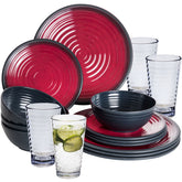 Melamin Geschirr Set Rot für 4 Personen 16 Teile mit Trinkglas Klar Tonoptik - Essgeschirr Acryl Wasserglas - Campinggeschirr