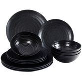 Melamin Geschirrset für 4 Personen elegant in schwarz mit Struktur - 12 teilig Campinggeschirr - bruchsicher - leicht abwaschbar - Teller - Schüssel - Camping