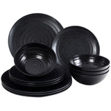 Melamin Geschirrset für 4 Personen elegant in schwarz mit Struktur - 12 teilig Campinggeschirr - bruchsicher - leicht abwaschbar - Teller - Schüssel - Camping