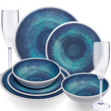 Melamin Geschirr Set Jesolo Blau für 2 Personen - 8 Teile - mit blauem Sektglas 150ml aus Acryl Steingutoptik Campinggeschirr