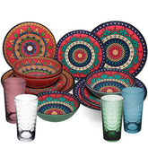 Melamin Geschirr Set Toskana Deep für 4 Personen - 16 Teile Rot-Grün - Mandala-Optik mit farblich passenden Trinkgläsern 260 ml Campinggeschirr