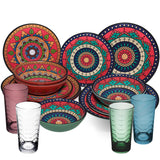 Melamin Geschirr Set Toskana Deep für 4 Personen - 16 Teile Rot-Grün - Mandala-Optik mit farblich passenden Trinkgläsern 260 ml Campinggeschirr