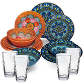 Melamin Geschirr Set Toskana Pastel für 4 Personen - 16 Teile - Orange-Blau - Mandala-Optik mit klaren Trinkgläsern 460 ml aus Acryl Campinggeschirr