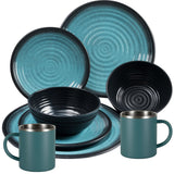 Melamin Geschirr Set Blau Schwarz für 2 Personen 8 Teile mit Edelstahl Thermo Tassen doppelwandig - Tonoptik Essgeschirr - Campinggeschirr Picknick ideal für Camping modern Outdoor