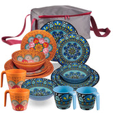 Melamin Geschirr Set Toskana Pastel für 4 Personen - 17 Teile - Orange-Blau - mit Tassen und Aufbewahrungstasche Mandala-Optik Essgeschirr Campinggeschirr