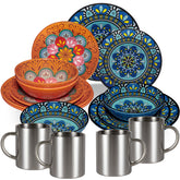 Melamin Geschirr Set Toskana Pastel für 4 Personen - 16 Teile - Orange-Blau - mit Edelstahltassen Mandala-Optik Spülmaschinengeeignet Essgeschirr Campingzubehör Campinggeschirr Wohnwagen Camping