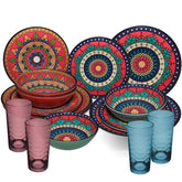 Melamin Geschirr Set Toskana Deep für 4 Personen - 16 Teile Rot-Grün - Mandala-Optik mit farblich passenden Trinkgläsern 260 ml Campinggeschirr