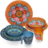 Melamin Geschirr Set Toskana Pastel für 2 Personen - 8 Teile - Orange-Blau - Mandala-Optik Essgeschirr Campinggeschirr