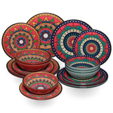 Melamin Geschirr Set Toskana Deep für 6 Personen - 18 Teile - Rot-Grün - Mandala-Optik Essgeschirr Campinggeschirr