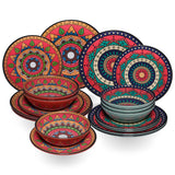 Melamin Geschirr Set Toskana Deep für 6 Personen - 18 Teile - Rot-Grün - Mandala-Optik Essgeschirr Campinggeschirr