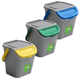 3x Stapelbarer Müllsortierer 28 Liter Grau mit Faltdeckel GELB GRÜN BLAU 39x37x41 cm Mülleimer Mülltonne Mülltrennsystem Recyclingtonne verschließbarer Deckel