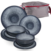 Melamin Geschirr Set Jesolo Grau für 4 Personen - 13 Teile - mit Aufbewahrungstasche Steingutoptik - Campinggeschirr Camping