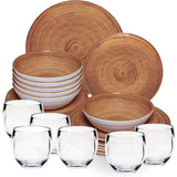 Melamin Geschirr Set Bambi Braun für 6 Personen - 24 Teile mit klaren Trinkgläsern 400 ml aus Acryl Steingutoptik Campinggeschirr