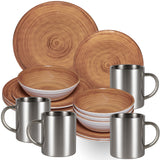 Melamin Geschirr Set Braun für 4 Personen - 16 Teile mit Edelstahl Thermo Tassen Steingutoptik Spülmaschinengeeignet Essgeschirr Zubehör Campinggeschirr Wohnwagen Camping Festival Picknick Gartenparty