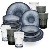 Melamin Geschirr Set Jesolo Grau für 6 Personen - 24 Teile - mit farblich passenden Trinkgläsern 400ml aus Acryl Campinggeschirr