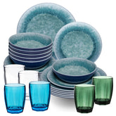 Melamin Geschirr Set Adria Blue für 6 Personen - 24 Teile Blau - mit farblich passenden Trinkgläsern 320 ml aus Acryl Steingutoptik Campinggeschirr