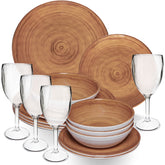 Melamin Geschirr Set Bambi Braun für 4 Personen - 16 Teile mit klaren Weingläsern aus Acryl Steingutoptik Campinggeschirr
