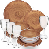 Melamin Geschirr Set Bambi Braun für 4 Personen - 16 Teile mit klaren Weingläsern aus Acryl Steingutoptik Campinggeschirr