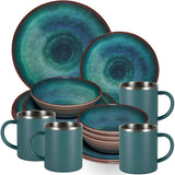 Melamin Geschirr Set Jesolo Grün für 4 Personen - 16 Teile mit Edelstahltassen Steingutoptik Spülmaschinengeeignet Campinggeschirr Wohnwagen Camping Festival