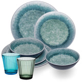 Melamin Geschirr Set Adria Blue für 2 Personen - 8 Teile Blau - mit farblich passenden Trinkgläsern 360 ml aus Acryl Steingutoptik Campinggeschirr Camping