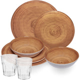 Melamin Geschirr Set Bambi Braun für 2 Personen - 8 Teile mit klaren Trinkgläsern 250 ml aus Acryl Steingutoptik Campinggeschirr