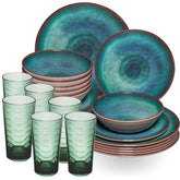 Melamin Geschirr Set Jesolo Grün für 6 Personen - 24 Teile - Trinkglas 260 ml grün - Steingutoptik Spülmaschinengeeignet - Essgeschirr Campingzubehör Campinggeschirr Wohnwagen Camping Gartenparty