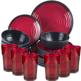 Melamin Geschirr Set für 6 Personen 24 Teile mit Trinkglas rot schwarz Tonoptik - Essgeschirr Acryl Wasserglas - Campinggeschirr
