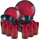 Melamin Geschirr Set für 6 Personen 24 Teile mit Trinkglas rot schwarz Tonoptik - Essgeschirr Acryl Wasserglas - Campinggeschirr