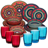 Melamin Geschirr Set Toskana Deep für 6 Personen - 24 Teile Rot-Grün - Mandala-Optik mit farblich passenden Trinkgläsern 320 ml Campinggeschirr