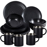 Melamin Geschirr Set Schwarz für 4 Personen 16 Teile mit Edelstahl Thermo Tassen doppelwandig - Essgeschirr - Campinggeschirr Picknick ideal für Camping modern Outdoor
