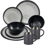Melamin Geschirr Set Grau Schwarz für 2 Personen 8 Teile mit Edelstahl Thermo Tassen doppelwandig - Tonoptik Essgeschirr - Campinggeschirr Picknick ideal für Camping modern Outdoor