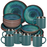 Melamin Geschirr Set Jesolo Grün für 6 Personen - 24 Teile mit Edelstahltassen Steingutoptik Spülmaschinengeeignet Campinggeschirr Wohnwagen Camping Festival