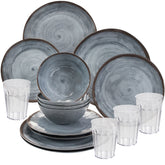Melamin Geschirrset für 4 Personen - 16 Teile - mit Trinkgläsern klar 450 ml Campinggeschirr grau Essgeschirr Campinggeschirr