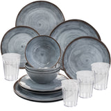 Melamin Geschirrset für 4 Personen - 16 Teile - mit Trinkgläsern klar 450 ml Campinggeschirr grau Essgeschirr Campinggeschirr