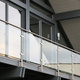 Edelstahl Geländerpfosten Endpfosten links mit Glashalter 10mm und Handlauf-Träger - 42,4mm - Wangemontage V2A - seitliche Montage vormontiert - Glasgeländer Geländerstützen Pfosten Zaunpfosten aussen