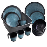 Melamin Geschirr für 4 Personen in Blau Granit-Optik 17 Teile - mit Waschschüssel mit je 4 großen Teller, 4 Dessertteller, 4 Schälchen, 4 Tassen - sehr robust dickwandig - farbecht - modernes Design