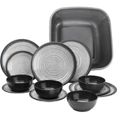 Melamin Geschirr für 4 Personen in Grau Granit-Optik 13 Teile - mit Waschschüssel mit je 4 großen Teller, 4 Dessertteller, 4 Schälchen - sehr robust dickwandig - farbecht - modernes Design - leicht