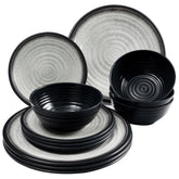 Melamin Geschirr Set für 4 Personen Grau Granit-Optik 12 Teile - Campinggeschirr Geschirrset Tafelgeschirr - Spülmaschinengeeignet Tableware Outdoor Camping