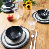 Melamin Geschirr Set für 4 Personen Grau Granit-Optik 16 Teile - mit klaren Trinkgläsern 580 ml - Campinggeschirr Geschirrset Tafelgeschirr - Spülmaschinengeeignet Tableware Outdoor Camping