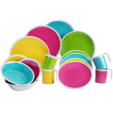 Melamin Geschirr für 4 Personen in BUNTEN Farben 17 Teile MIT SPÜLSCHÜSSEL ideal für Camping - mit je 4 großen Teller, 4 Dessertteller, 4 Schälchen, 4 stapelbare Tassen - sehr robust - farbecht