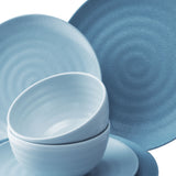 Melamin Geschirr Set 24 Teile elegante Steingut Optik in blau mit Wasserglas 260ml blau - für 6 Personen Essgeschirr Gläser Wasserglas Tumbler Whiskey - Campinggeschirr Picknick ideal Camping modern Outdoor