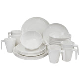 Melamin Geschirr Set für 6 Personen in Weiss Keramik-Design 24 Teile mit Tellern und Stapel-Tassen - Campinggeschirr
